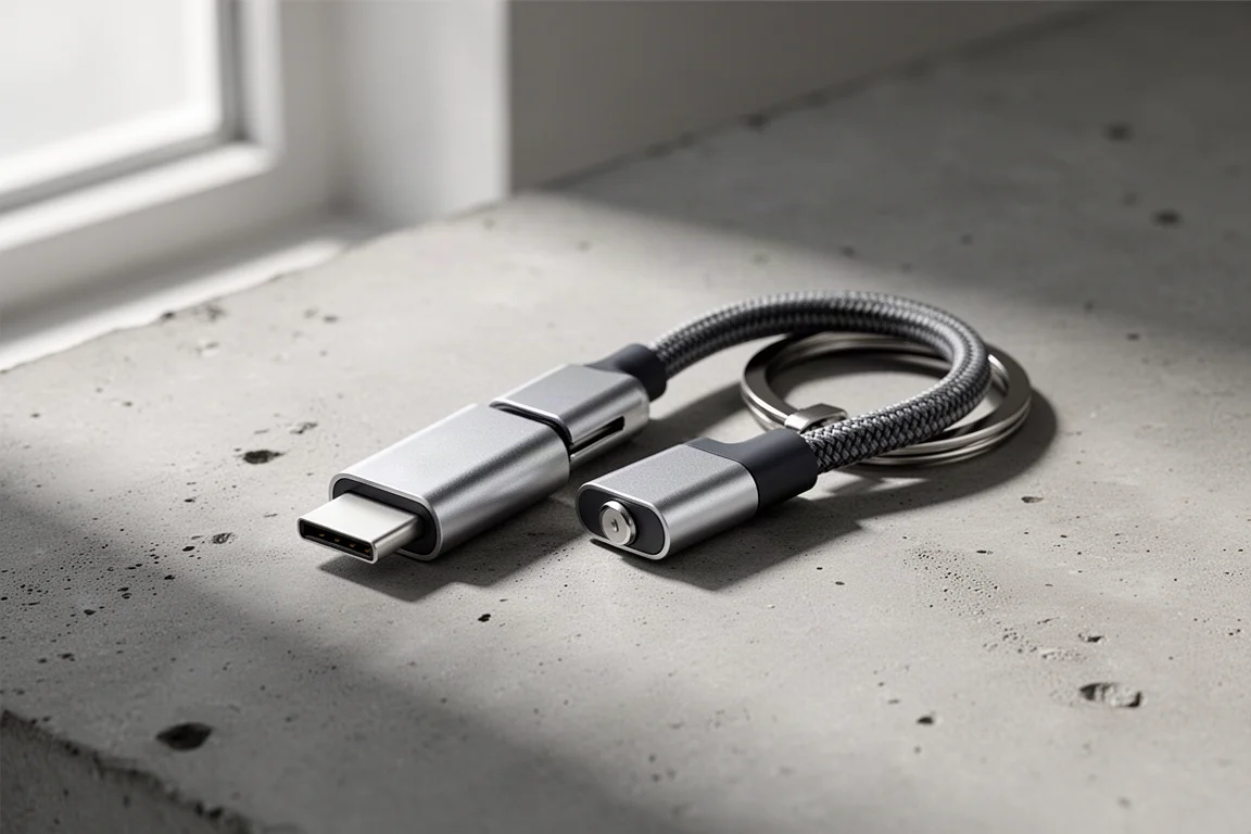 Compact two-piece keyring charging cable with magnetic closure on concrete surface
