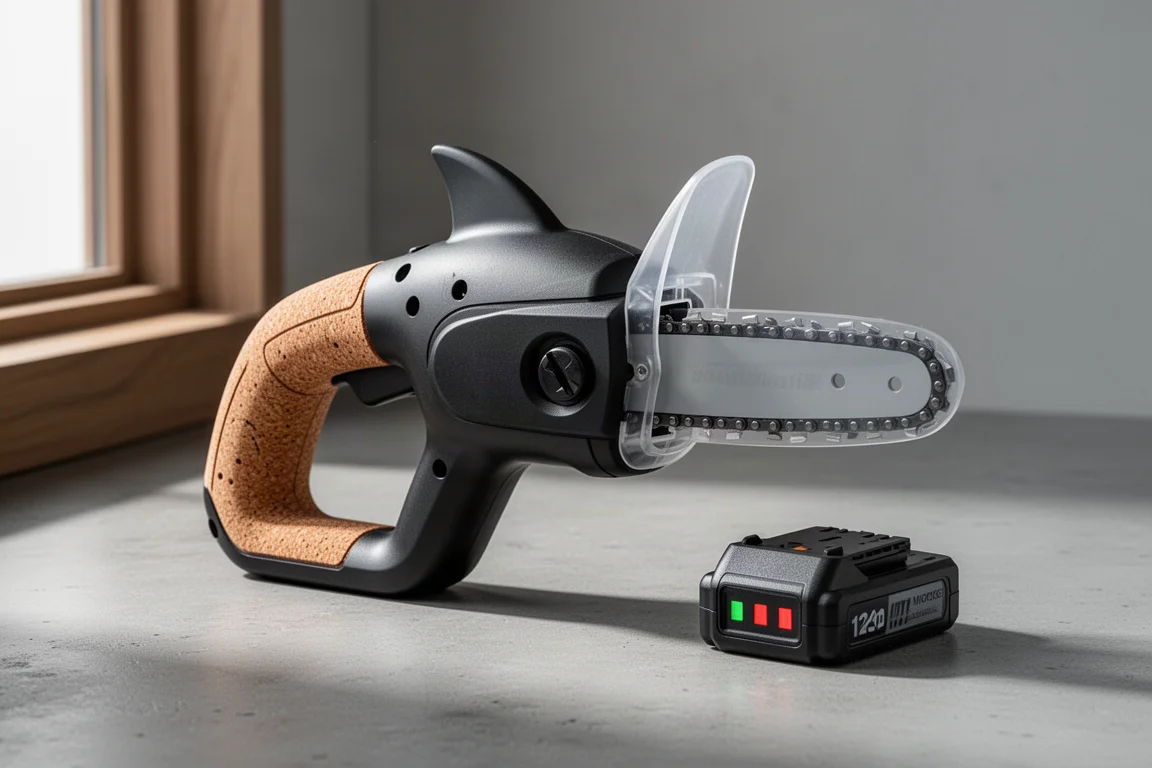 Incraft Shark 4-inch cordless mini chainsaw with cork handle and translucent blade cover on concrete