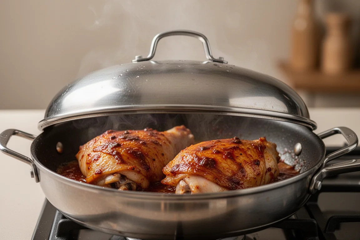 Tandoori chicken thighs cooking on a hot stovetop pan with steam rising