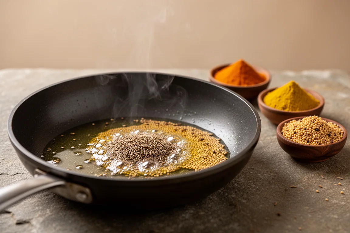 Hands tempering cumin and mustard seeds in ghee in a hot pan
