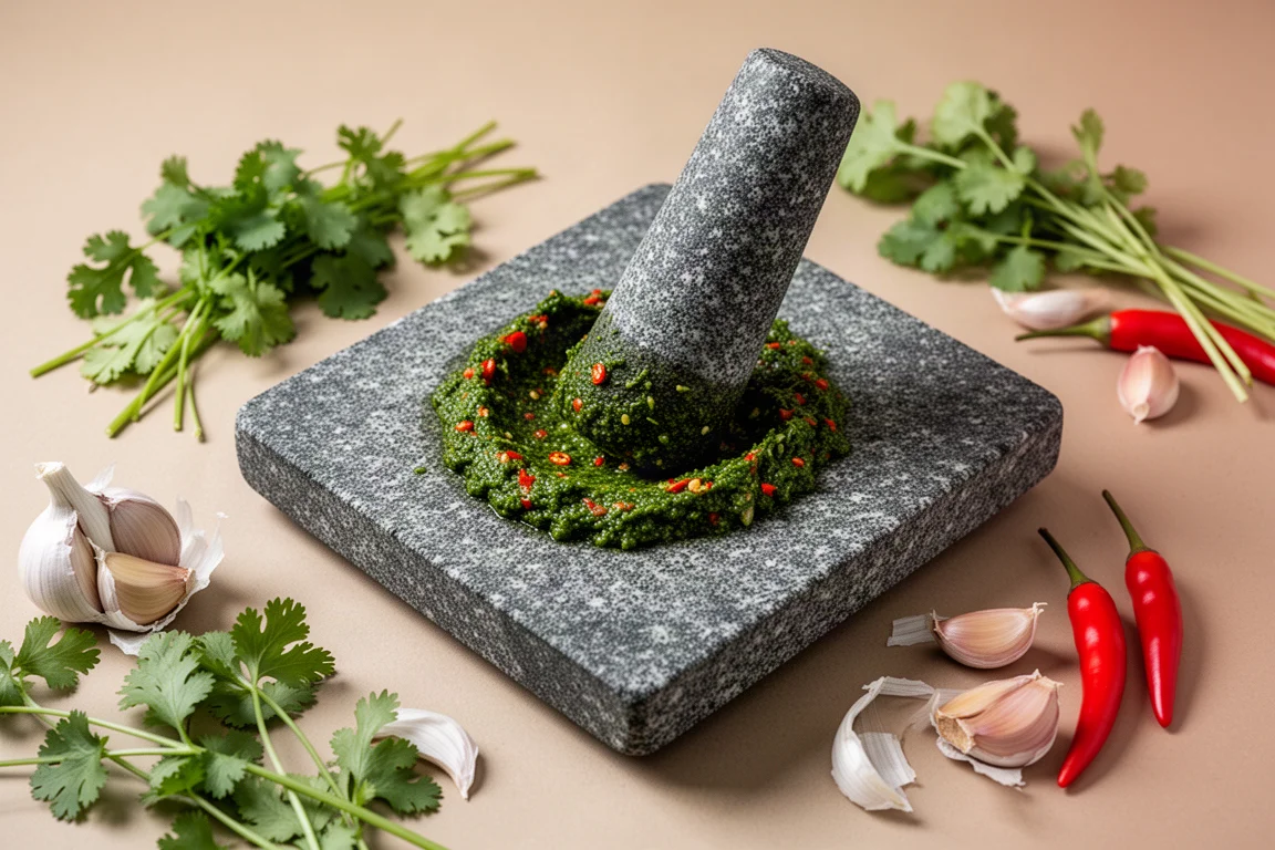 Spice paste being ground by hand on a flat stone grinding board