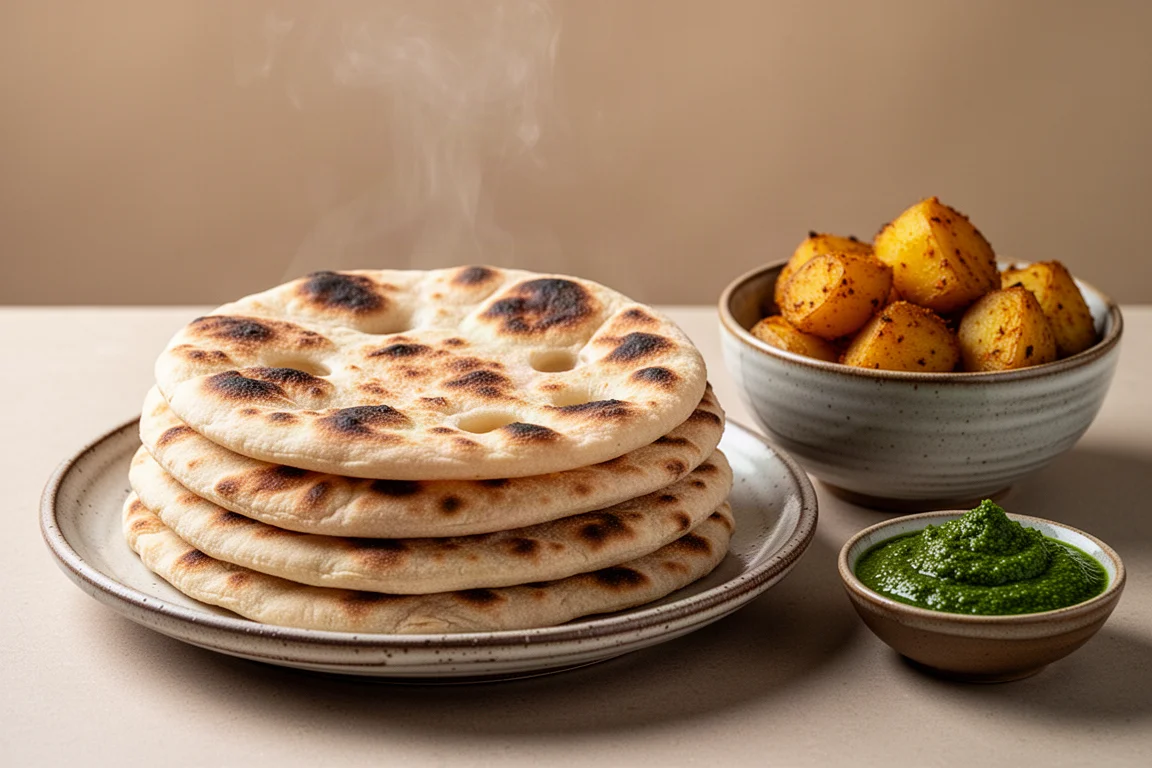 Freshly cooked rotis stacked on a plate beside spiced potato