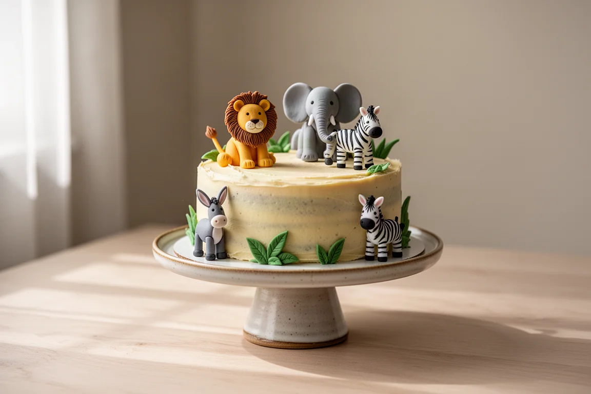 Decorated jungle-themed cake with fondant animal figurines on a table