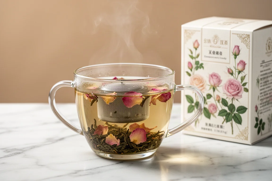Green tea being brewed in a clear glass cup with visible rose petals