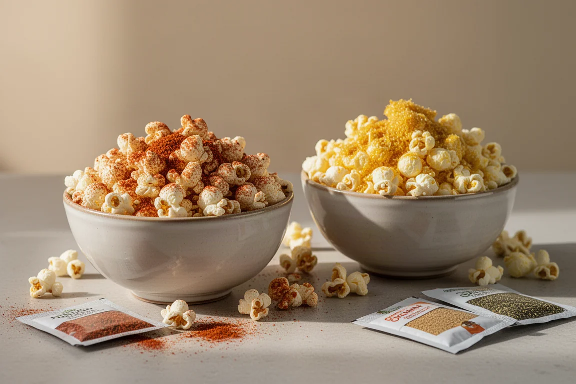 Homemade popcorn tossed with seasoning in bowls on a kitchen counter