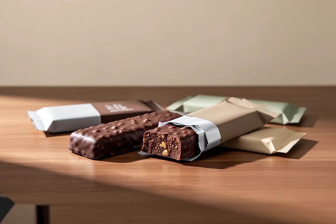 Chocolate energy bars unwrapped beside their packaging on a desk
