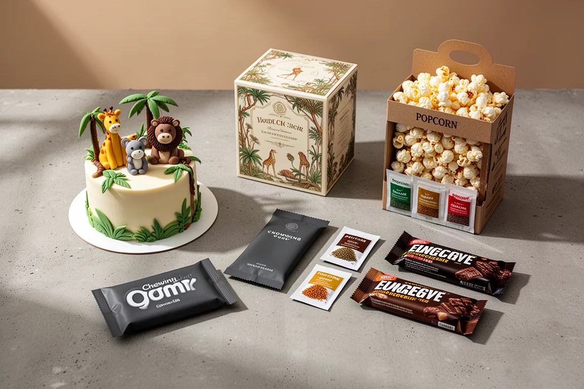 Composizione in flat-lay di una torta a tema, scatola di tè, pacchetto di gomme, kit per popcorn e barrette energetiche sul cemento