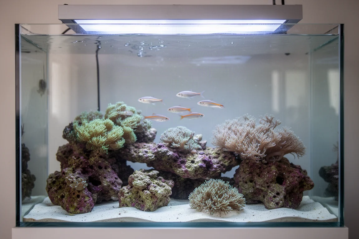 Revakvarium med små färgglada fiskar som simmar nära levande sten i mjuk belysning