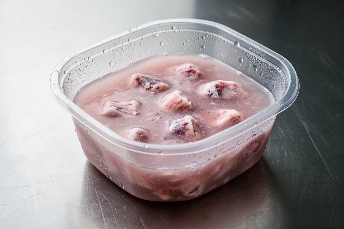 Upptinat fryst fiskfoder blandat till en grumlig smet i en genomskinlig behållare