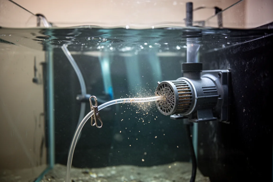 Tunn akvarieslang som mynnar i en sumps returpumpskammare under vatten