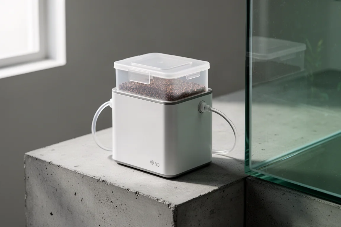 Kompakter Frostfutterautomat für Aquarien mit transparentem Behälter neben einem Glasbecken