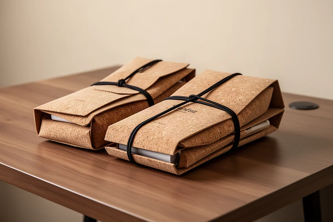 Premium leather wallets packed in distinctive cork packaging secured with an elastic band
