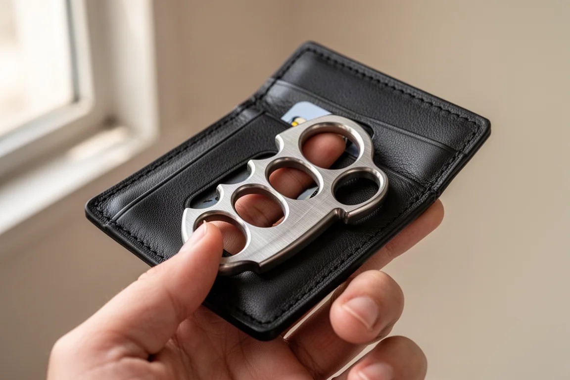 Titanium knuckle duster held with fingers threaded through a leather card holder