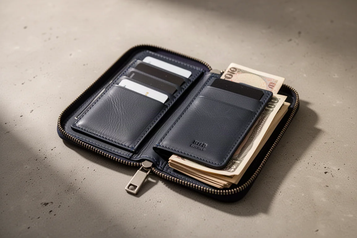 Open zippered leather wallet showing a removable inner card organizer
