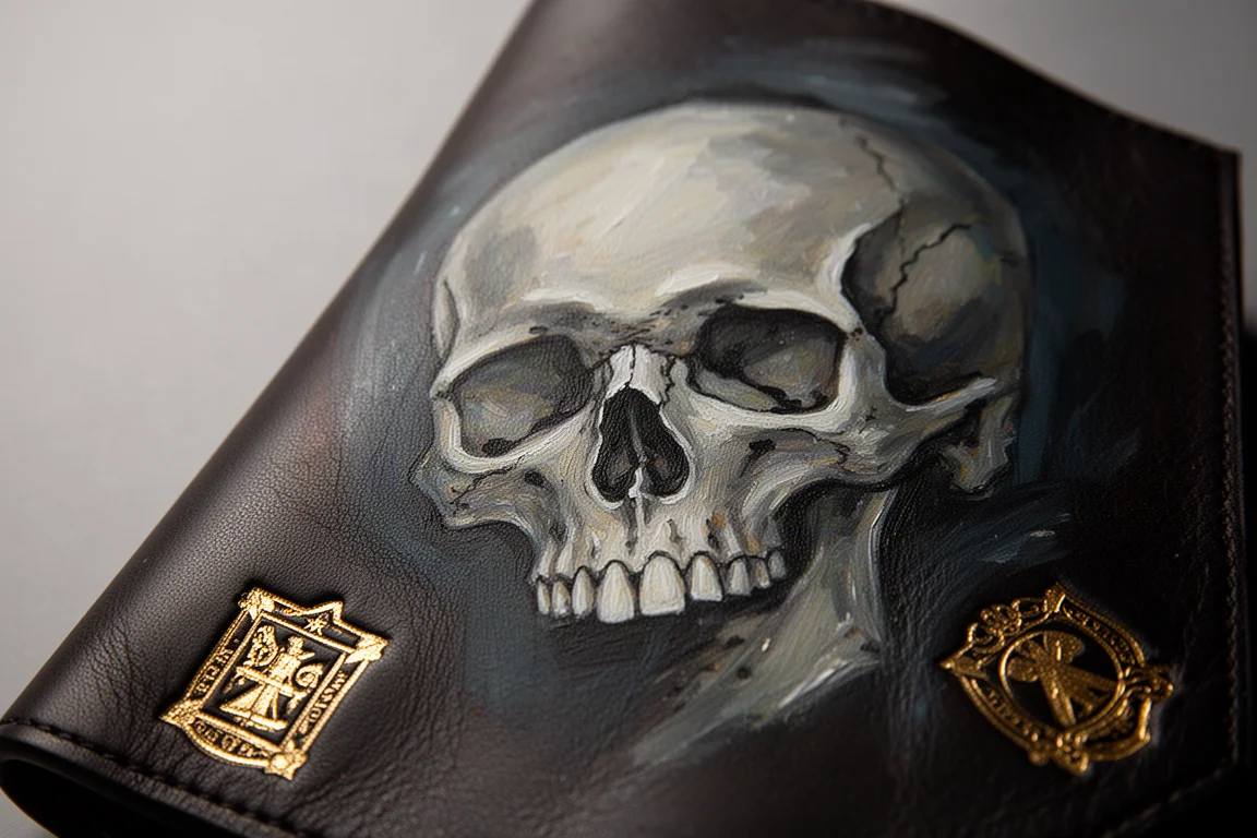 Hand-painted skull artwork detail on a black leather wallet with gold accents