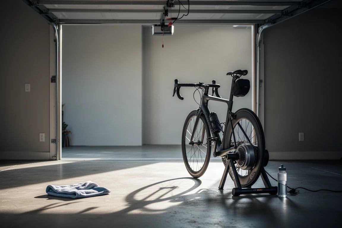 Rennrad auf einem Direct-Drive-Trainer vor einem offenen Garagentor im Morgenlicht