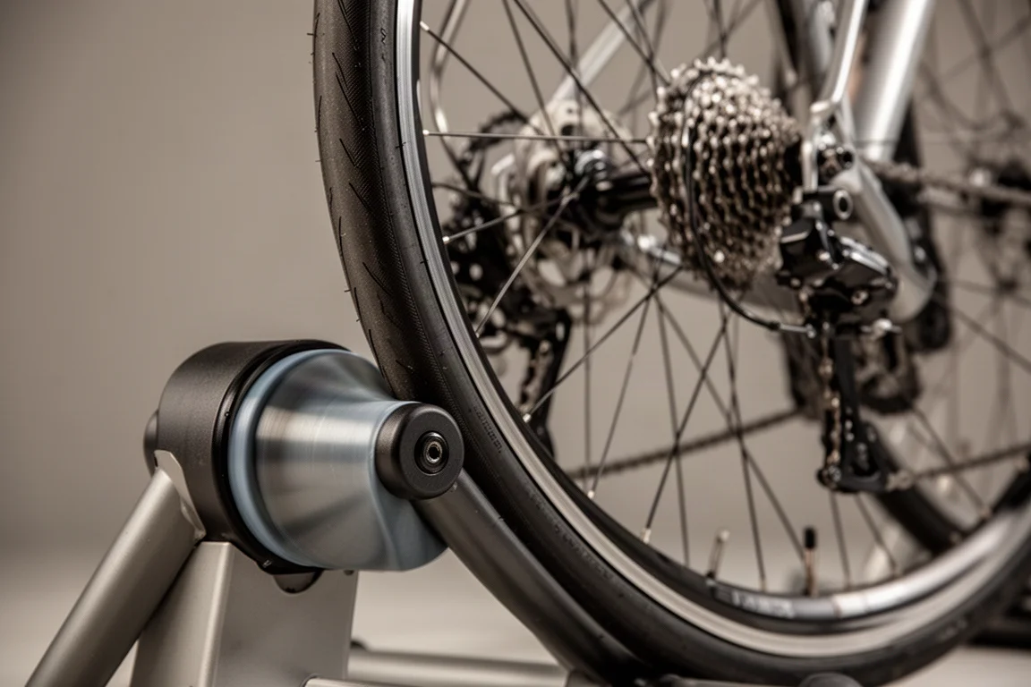 Hinterrad eines Fahrrads, das an der Rolle eines Wheel-On-Indoor-Trainers lehnt
