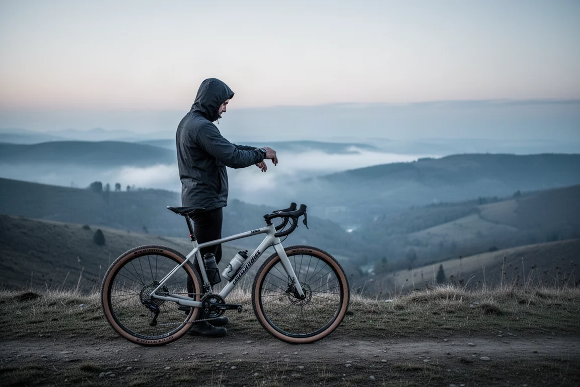 Fahrer neben einem Gravelbike auf einem abgelegenen Hügelweg in der Dämmerung, der eine Uhr prüft
