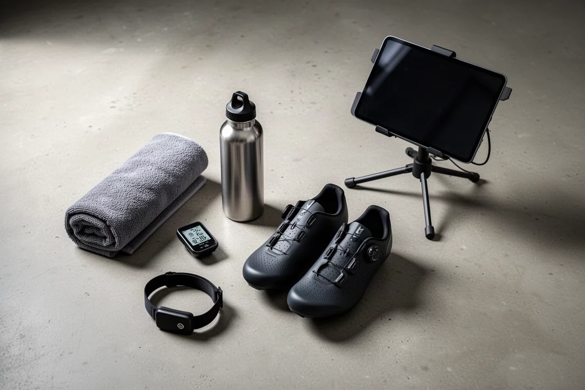 Draufsicht auf flach ausgelegte Indoor-Cycling-Essentials auf einem Betonboden