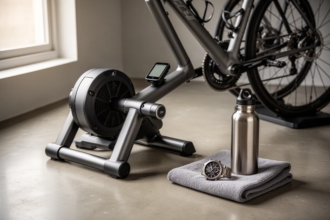 Indoor cycling setup with a direct-drive trainer, bike computer, and sports watch