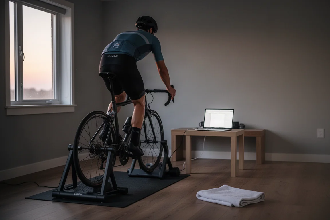 Ciclista pedaleando en un rodillo indoor en una habitación auxiliar al amanecer, visto desde atrás