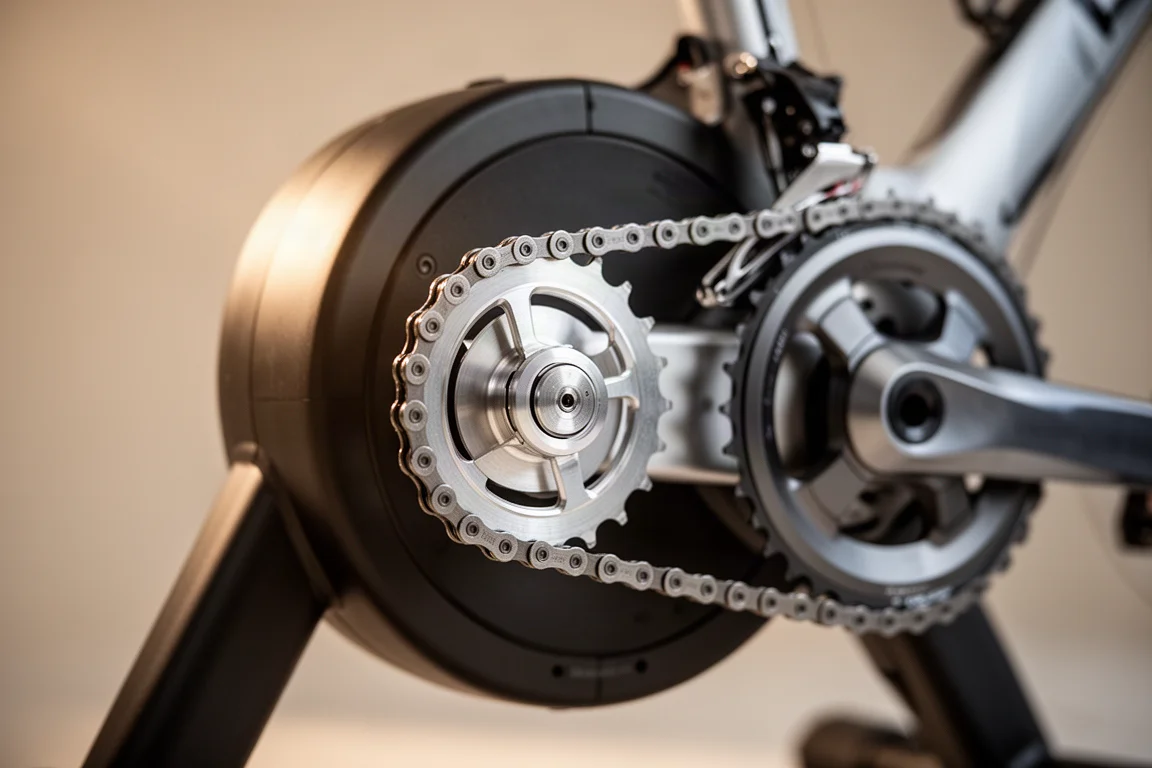 Primer plano de una cadena de bicicleta pasando sobre un único piñón en un rodillo direct drive