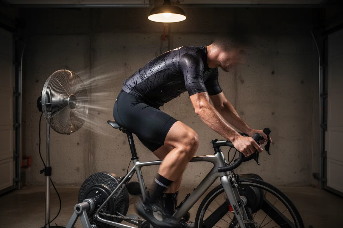 Ciclista entrenando duro en un rodillo indoor en un garaje con un ventilador soplando