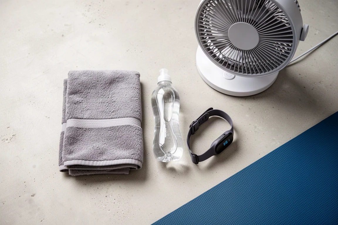 Vista cenital de esenciales para entrenar indoor: toalla, bidón, banda de frecuencia cardíaca, ventilador