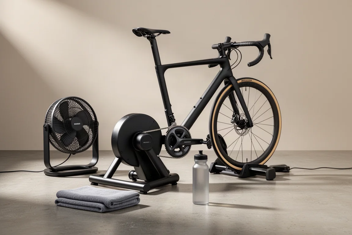 Indoor-Trainer-Setup mit Rennrad, Ventilator, Handtuch und Trinkflasche auf Betonboden
