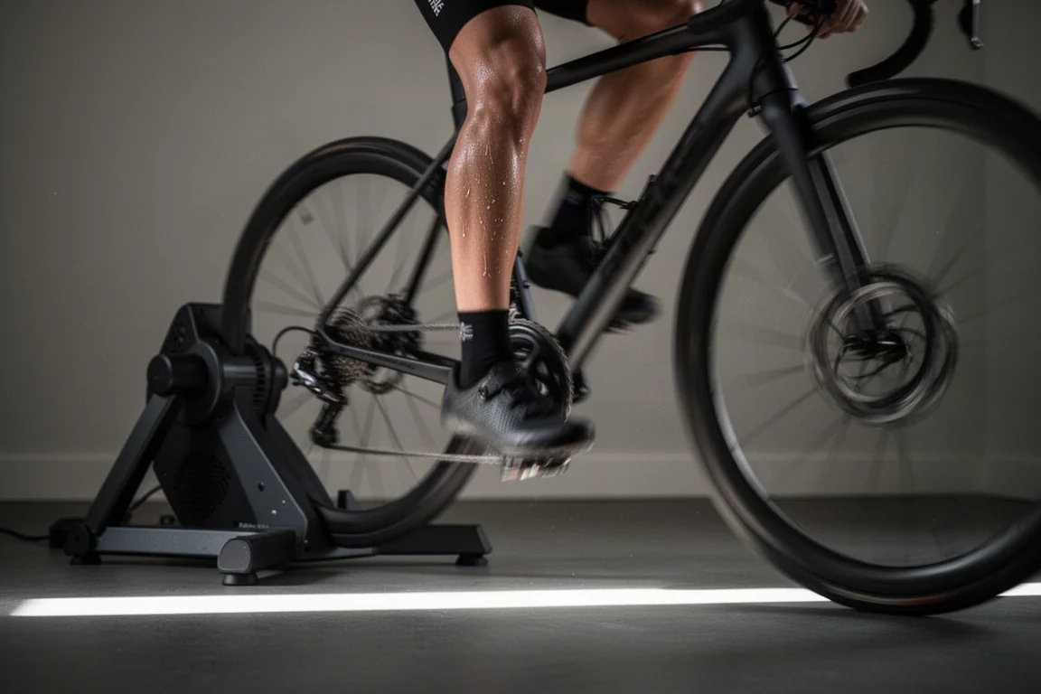 Close-up of a cyclist's legs pedalling on a smart trainer in a dim room