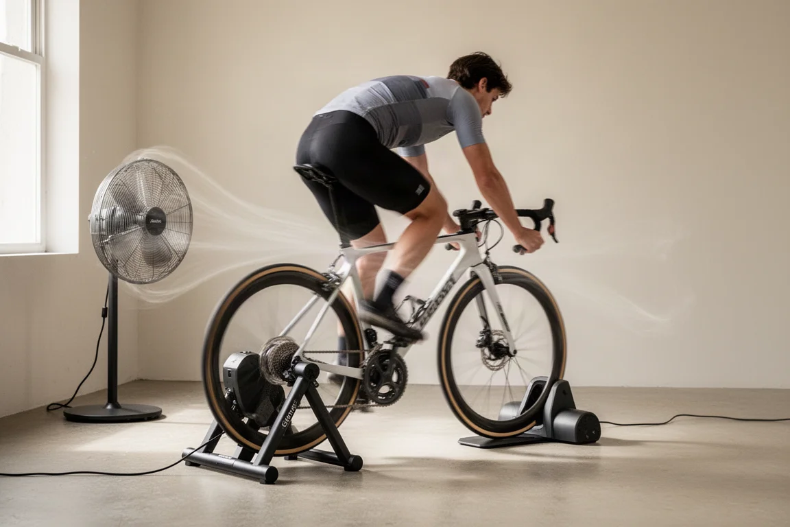 Cyclist sprinting on a smart trainer in a bright training room