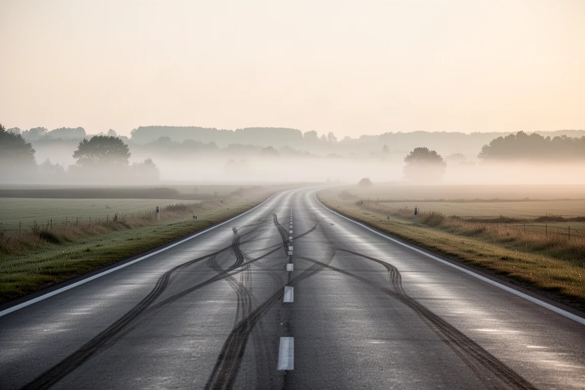 Empty tarmac road curving through misty countryside at dawn