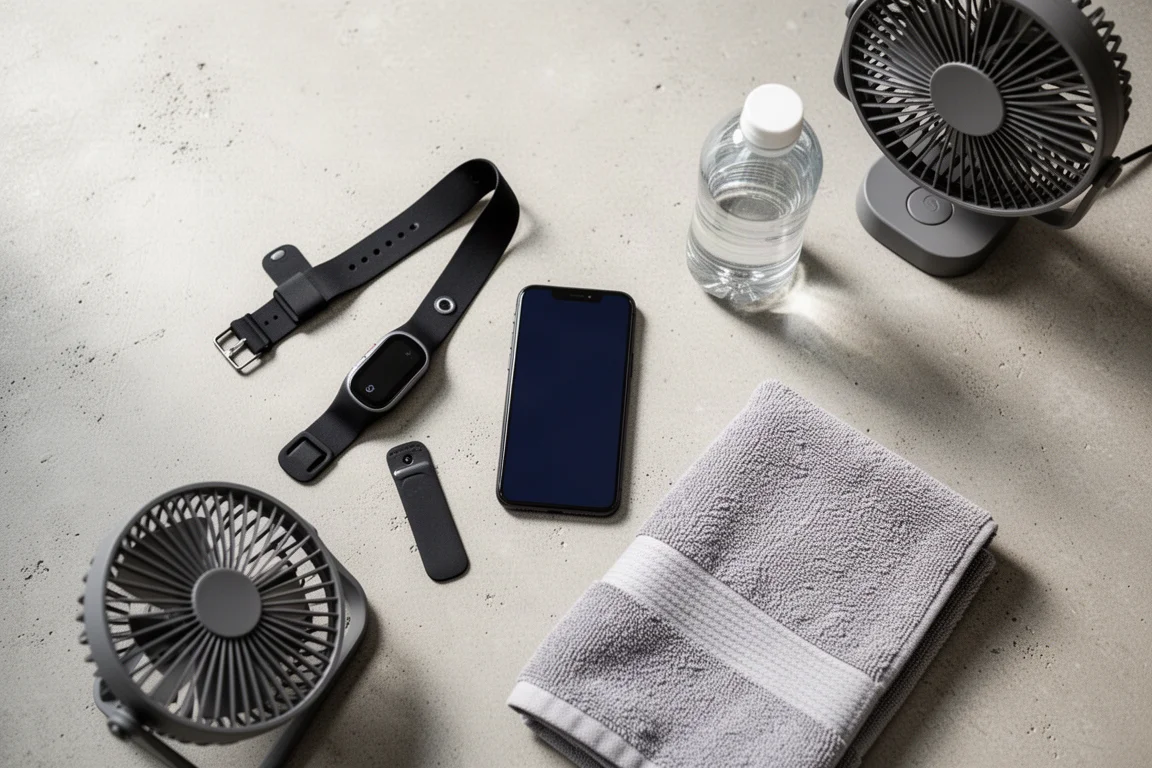 Flat-lay of heart rate strap, phone, towel and bottle on concrete floor