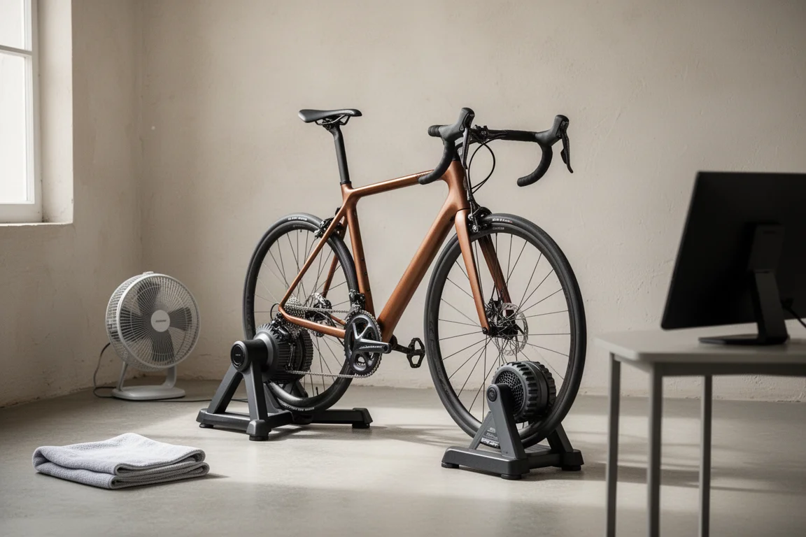 Rennrad auf einem Smart Trainer in einem minimalistischen Indoor-Trainingsraum
