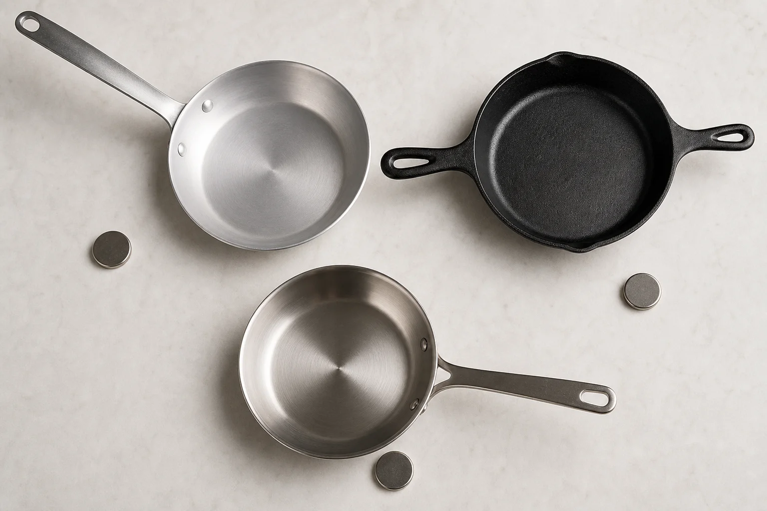 Various cookware materials with magnet for induction compatibility testing