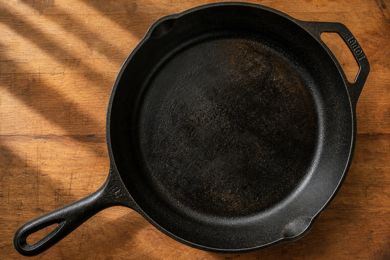 Seasoned Lodge cast iron skillet on wooden surface with soft lighting