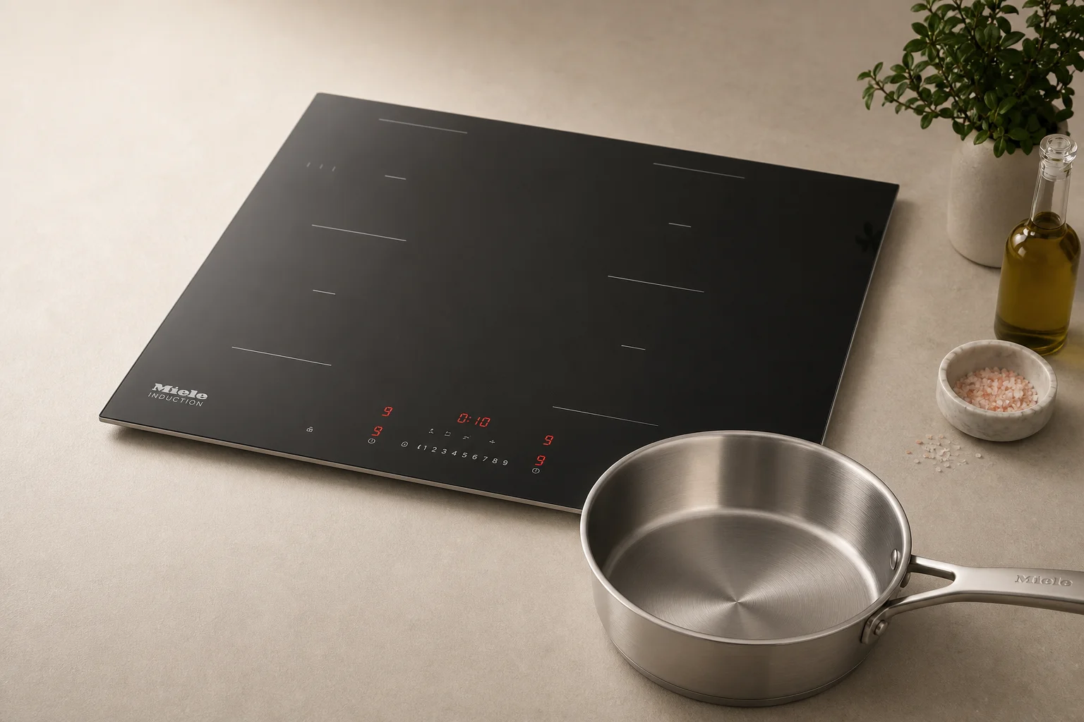 Modern induction cooktop with black glass surface and stainless steel cookware