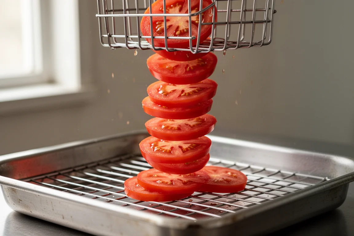 Rows of fresh tomato slices falling from a wire slicing grid onto a tray