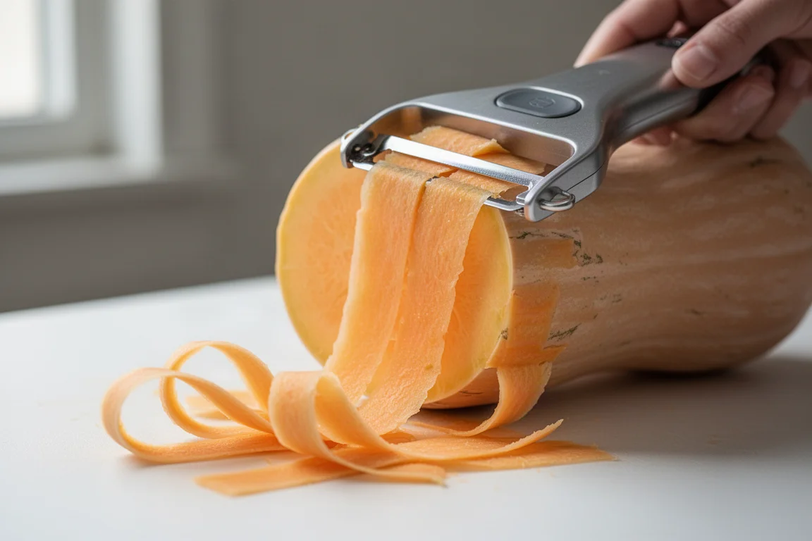 Powered peeler removing strips of skin from a butternut squash