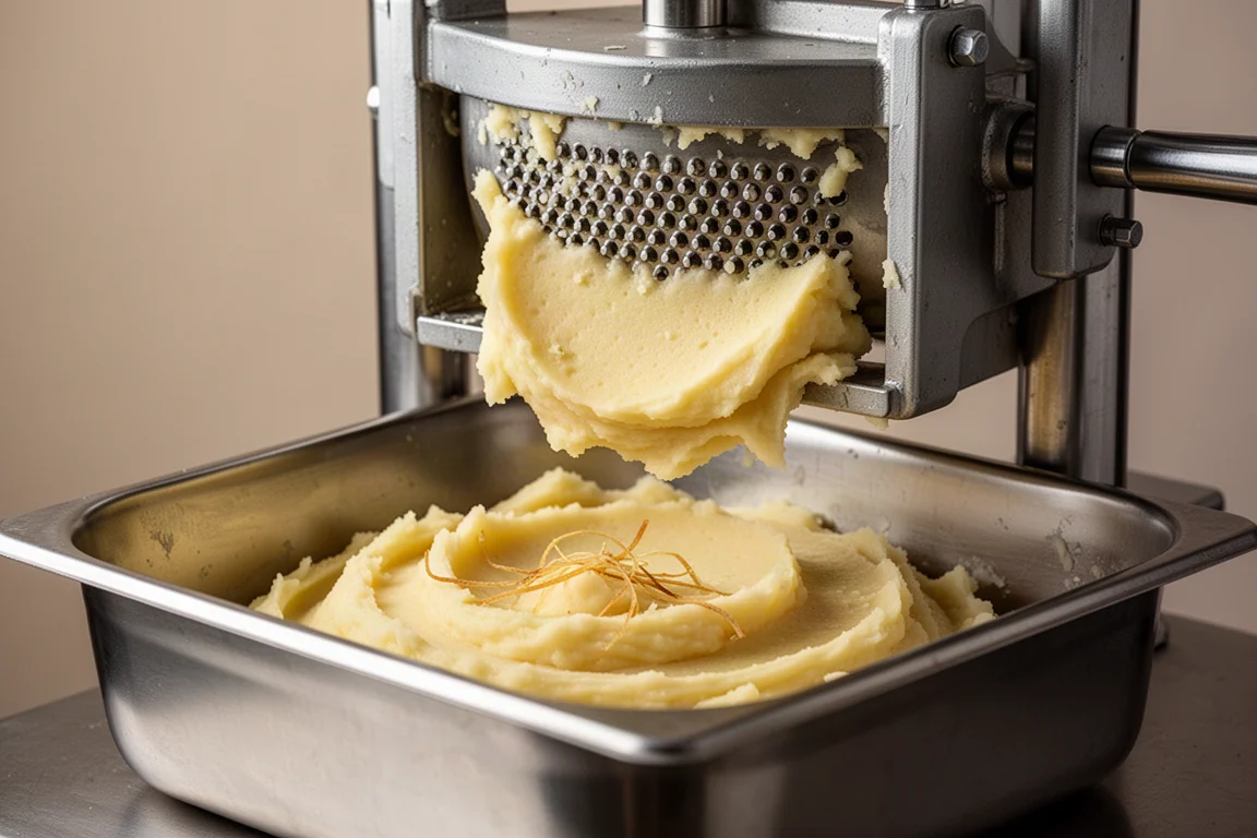 Smooth mashed potato pressed through a heavy-duty masher into a stainless tray