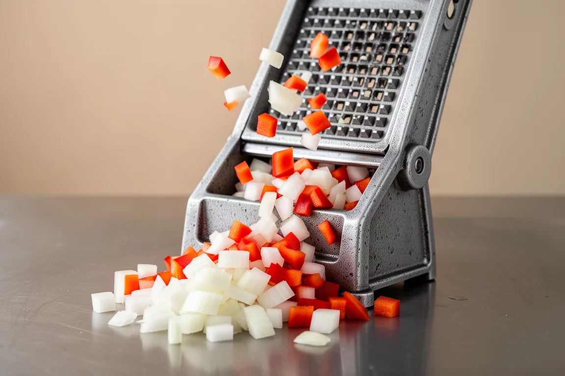 Diced onion and vegetable pieces tumbling from a cast aluminium dicer