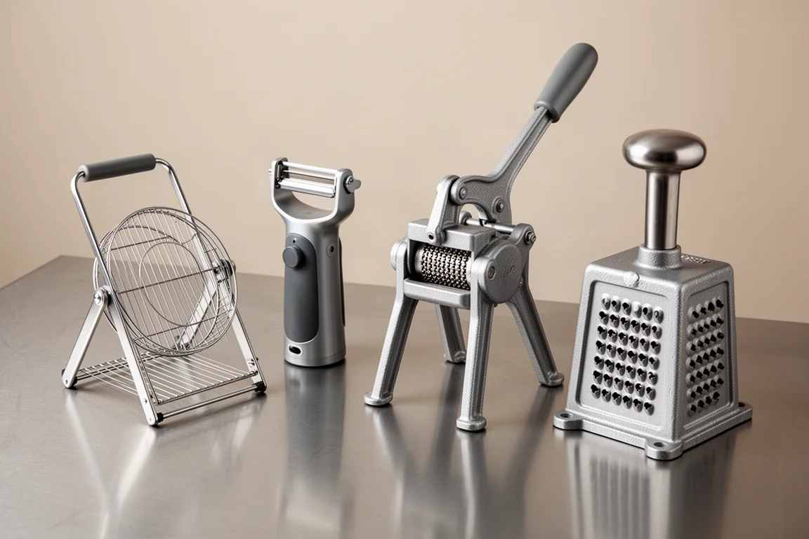 Four commercial kitchen prep tools arranged on a stainless steel work surface