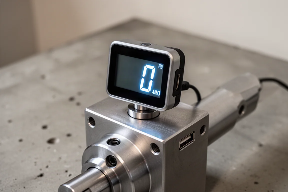 Manómetro de torque digital retroiluminado marcando cero sobre un banco de taller