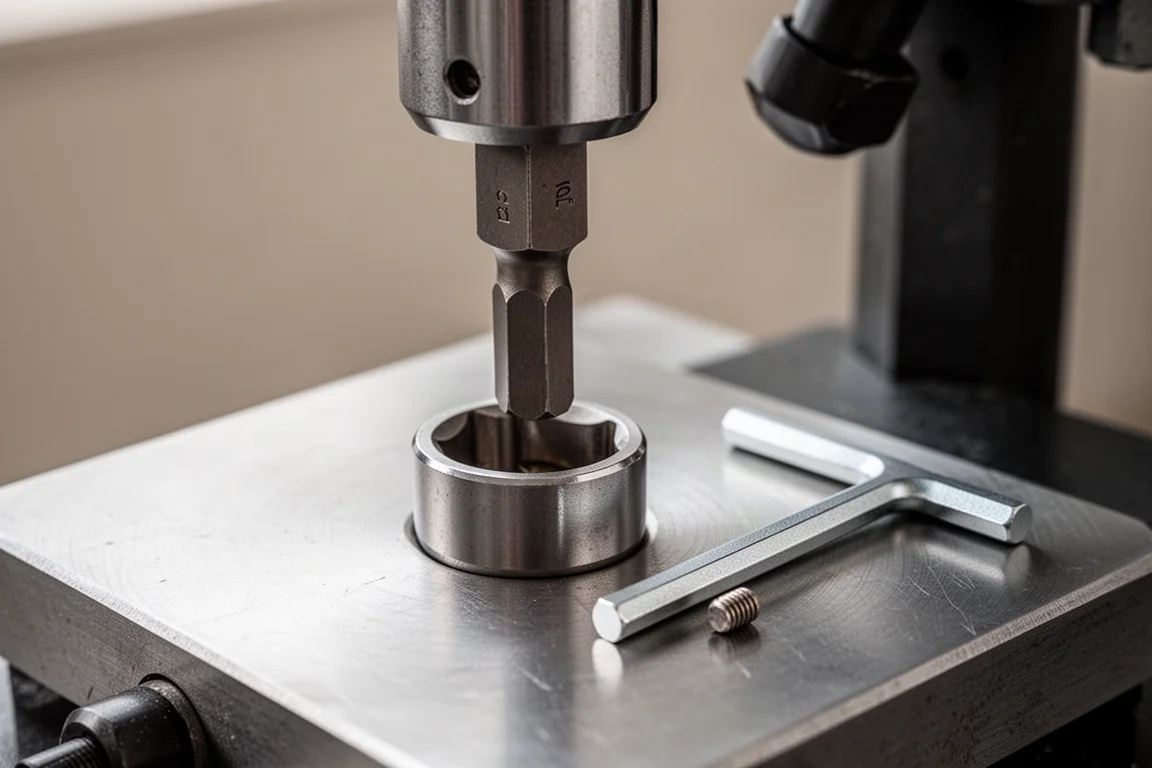 Adaptador de accionamiento de media pulgada insertándose en el probador con una llave hexagonal cerca
