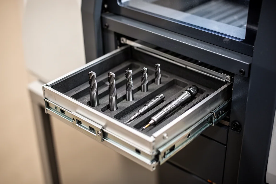 Close-up of the InfiMaker K1 tool magazine drawer with five cutting bits and a probing tool