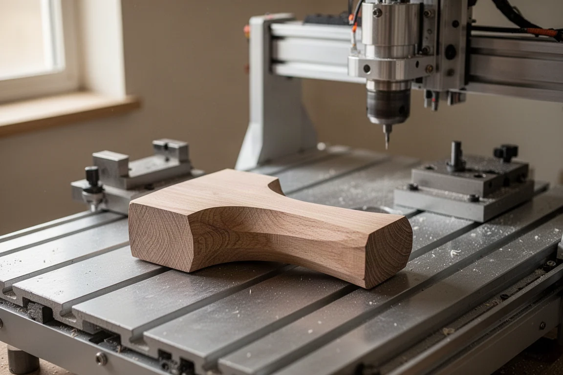 Finished wooden hammerhead workpiece with smooth machined surface resting on a CNC machine bed