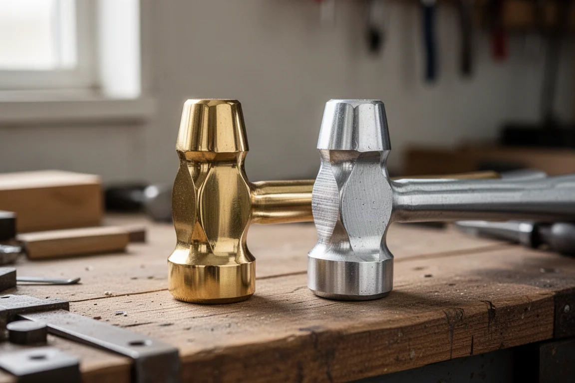 Polished brass hammerhead with mirror finish on a workbench next to an aluminum version