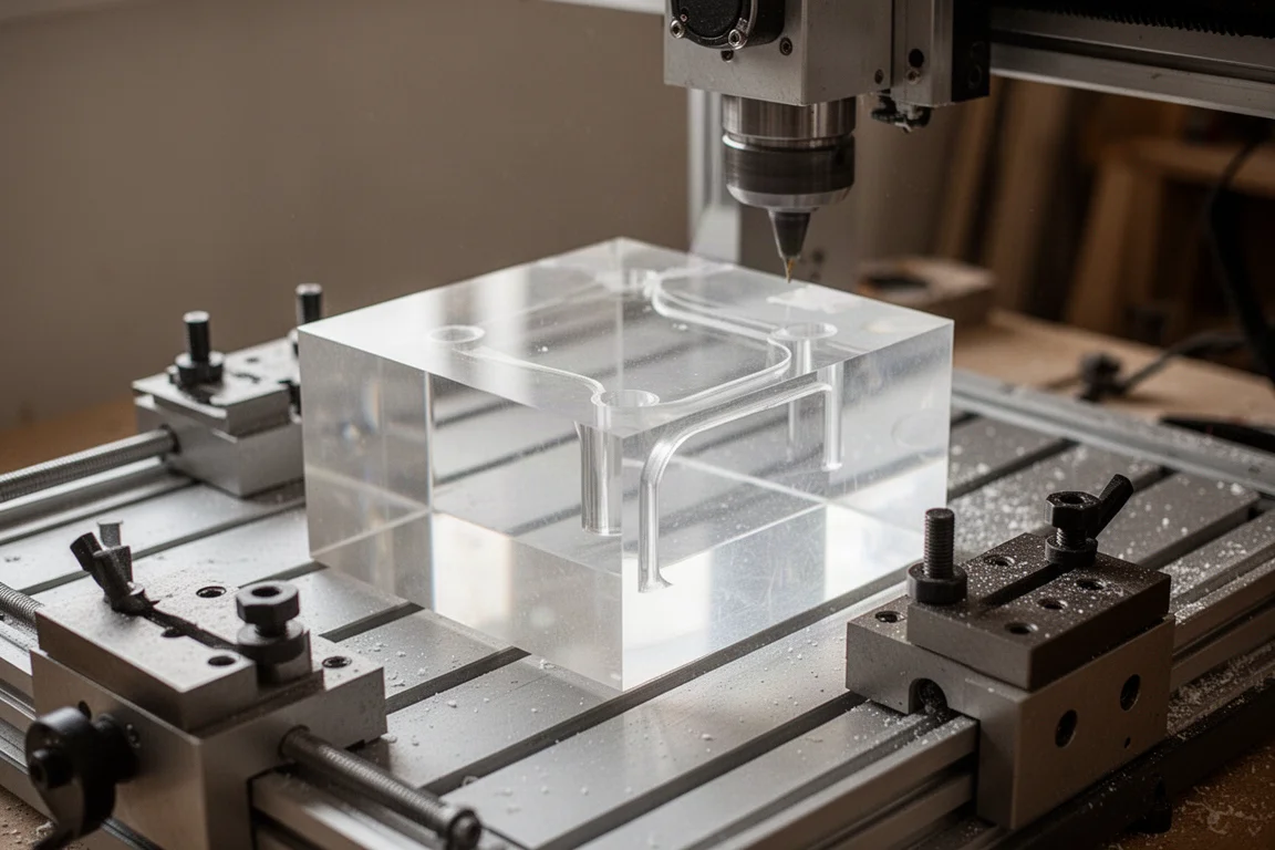 Large clear acrylic block with machined features on a CNC machine bed