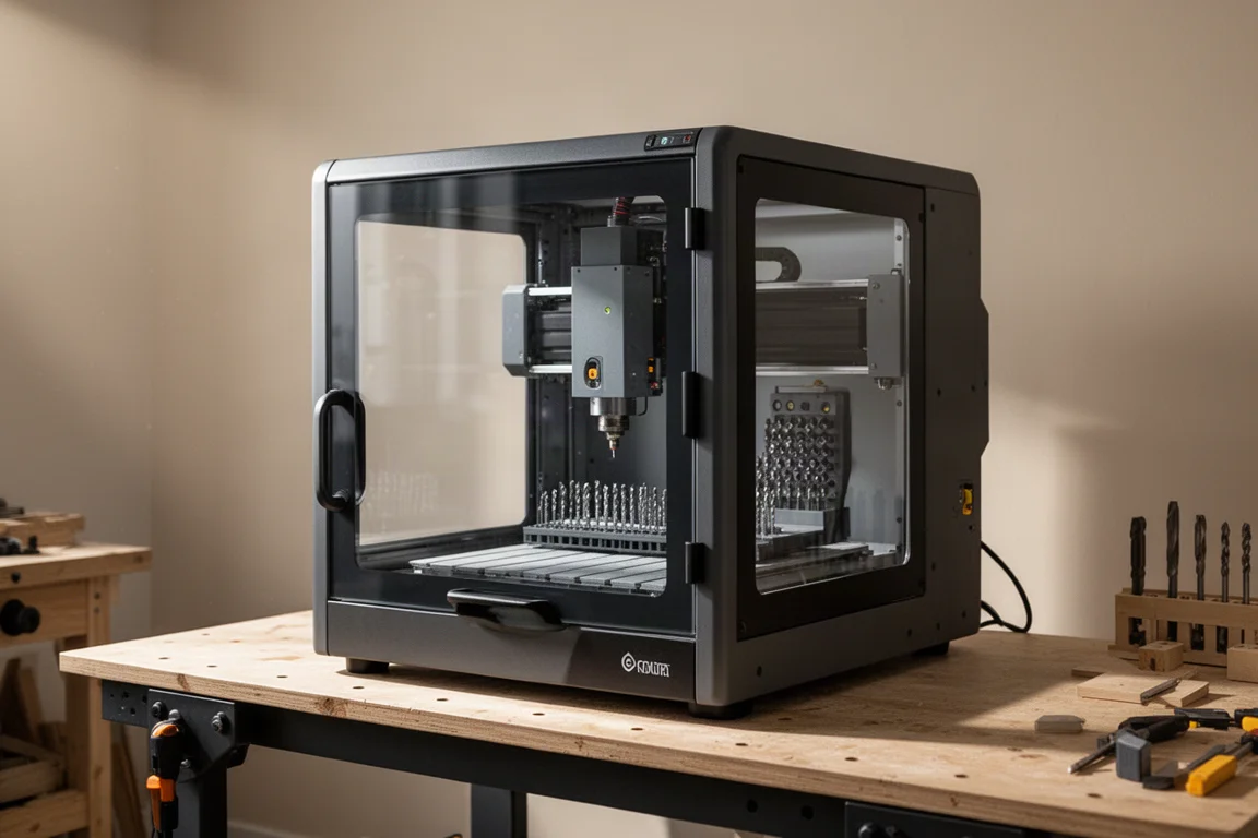 InfiMaker K1 desktop 5-axis CNC machine on a workbench in a home workshop