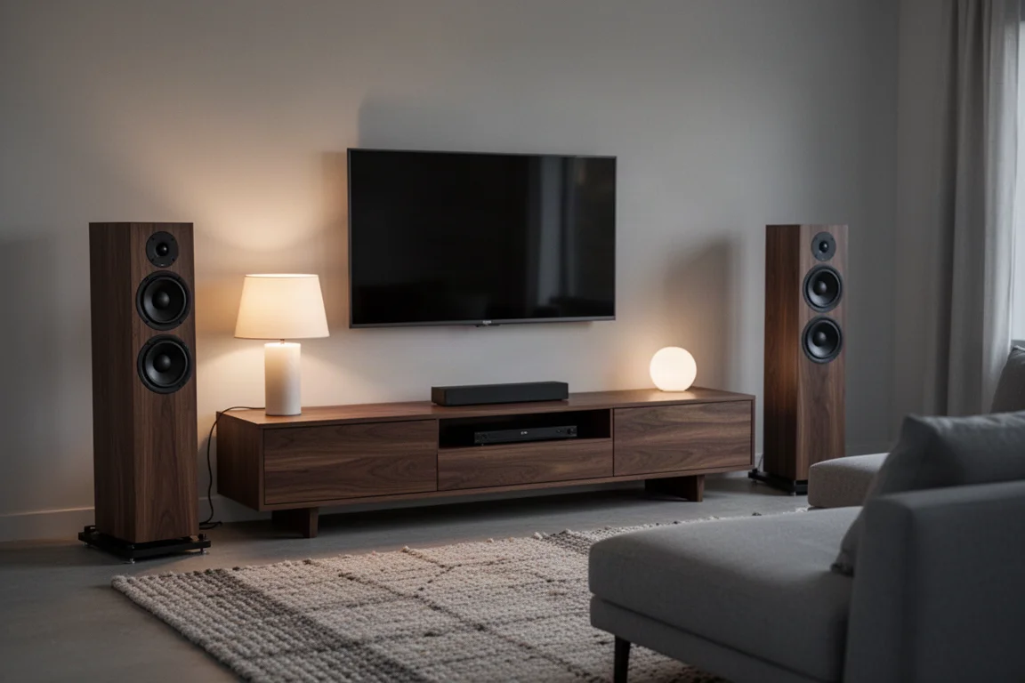 Pair of floorstanding tower speakers in a living room with a wall-mounted TV and warm lamplight